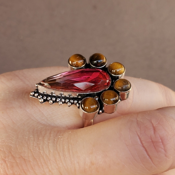 New Bi-Color Tourmaline & Tiger Eye 925 Silver Ring. - Picture 12 of 15